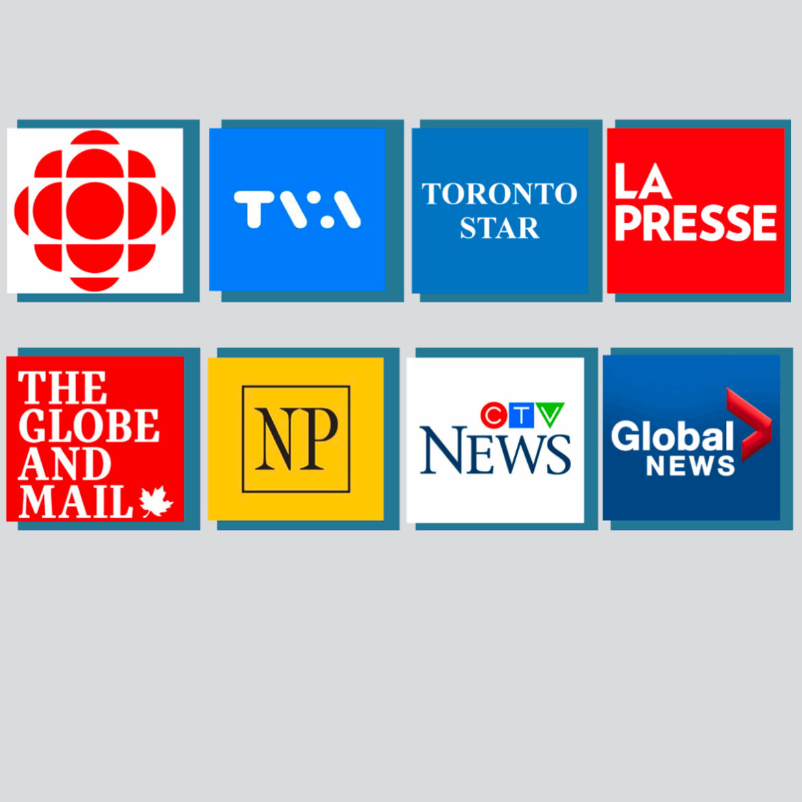 A graphic titled “JRP Third Wave Sites of Study” featuring logos of eight major Canadian news organizations. Top row from left to right: CBC (red circular logo), TVA (blue logo with white letters), Toronto Star (blue square with white serif text), and La Presse (red square with bold white text). Bottom row from left to right: The Globe and Mail (red square with white serif text and a maple leaf), National Post (yellow square with black “NP”), CTV News (white background with “CTV” in red, green, and blue above “NEWS”), and Global News (blue background with white text and a red arrow).