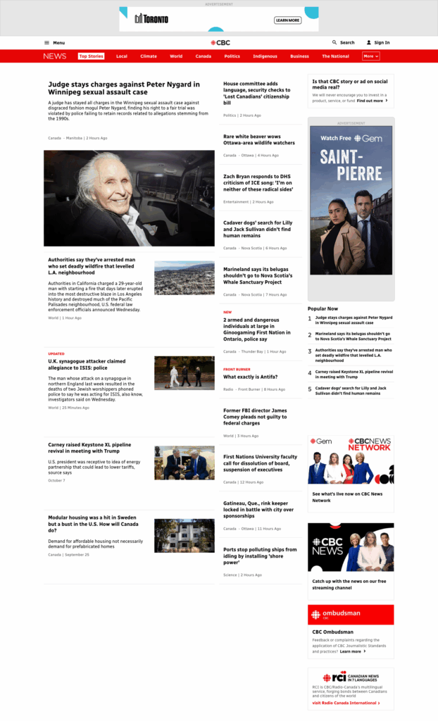 A screenshot of the cbc.ca/news homepage.